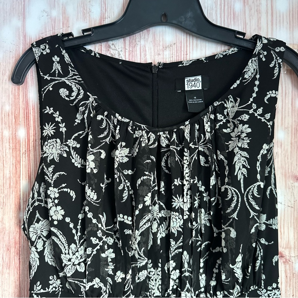 Studio 1940 Black Ruched Tie Waist White Floral Print Maxi Dress Size 14 - Picture 3 of 10